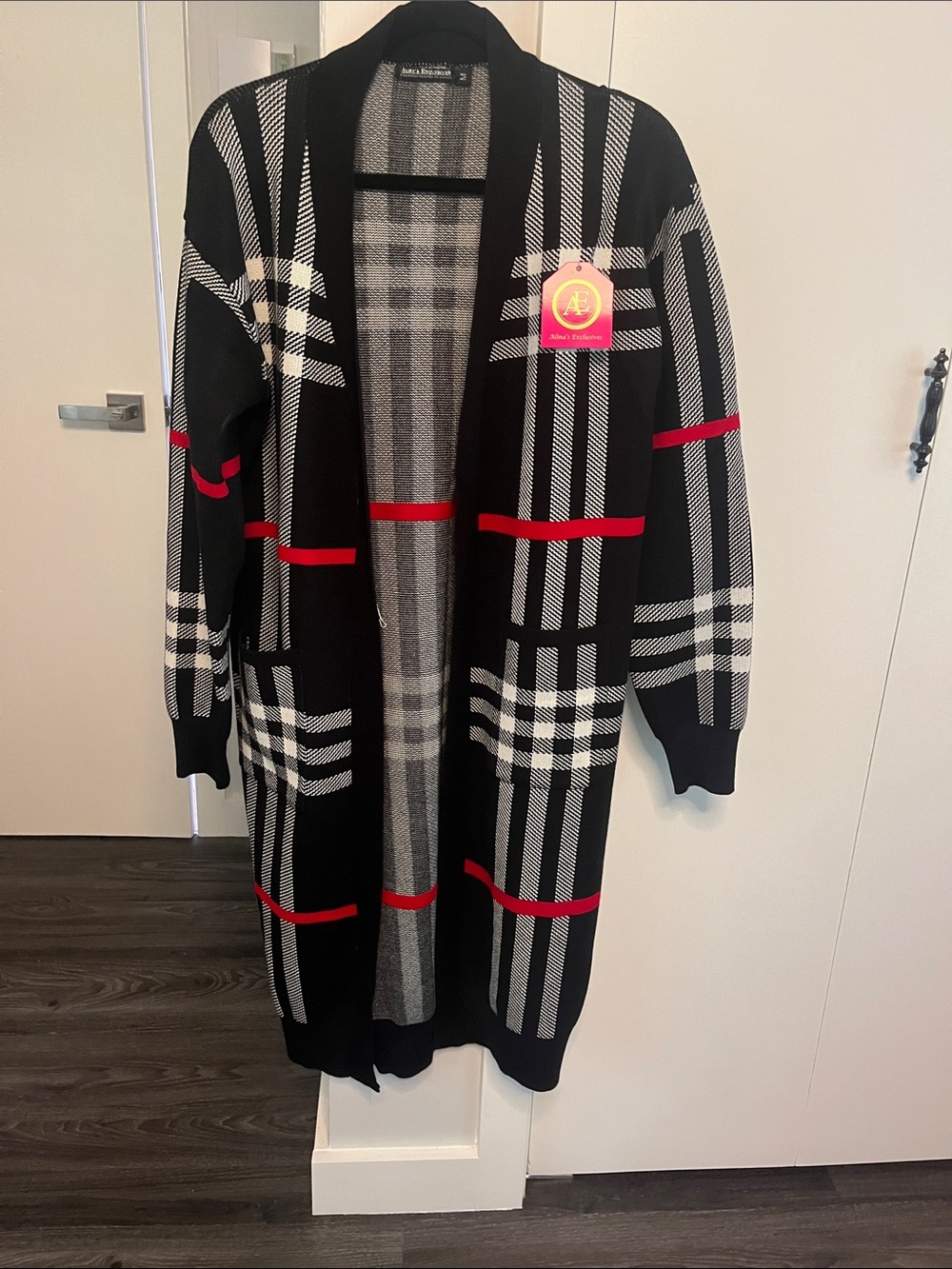 Long Open-Front Plaid Cardigan Sweater - Black/Gray with Red Accents